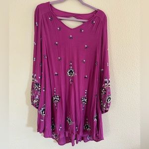 Free People Oxford Embroidered Long Sleeve Swing Dress Purple Womens Size Small